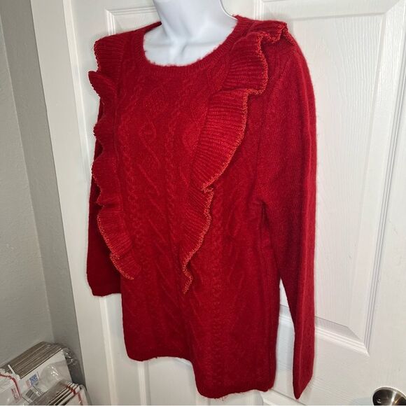 Red Dress Boutique Fire Away Ruby Red Sweater Ruffle Front Metallic Trim M - Picture 9 of 12
